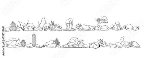 Outline desert vegetation and rocks, borders composition set. Contour ink bush and grass, cactuses and trees among mountain stones, monochrome desert landscapes vector illustration