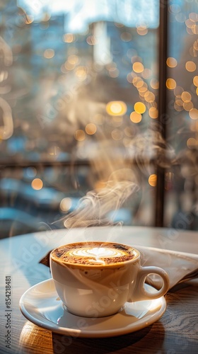  steam gently rising from cappuccino coffee cup in cafe with an evening cityscrapes visible through the window, capturing tranquil mood.