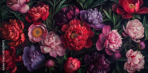 Fototapeta Naklejka Na Ścianę i Meble -  Wallpaper beautiful fantasy vintage classic botanical pink red peonies flower bunch luxury motif for floral print digital background