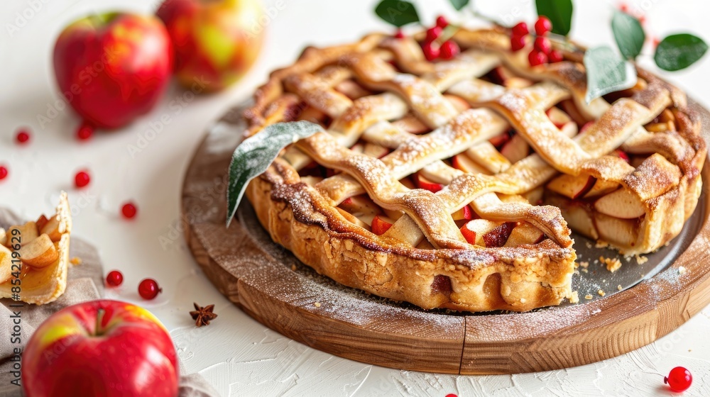 Apple pie sliced on wooden board with branch of red berries and apples on white background Apple pie sliced on wooden board with branch of red berries and apples on white background