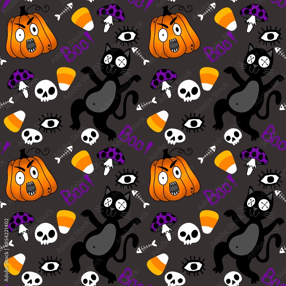 Fototapeta premium Halloween animals seamless cats and pumpkins pattern for wrapping paper