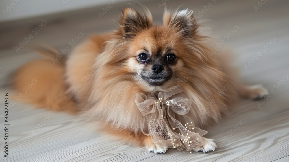 A beautiful purebred Pomeranian Spitz with a bow lies on the floor in the room. Looking at the camera. A beautiful purebred Pomeranian Spitz with a bow lies on the floor in the room. Looking at the camera.