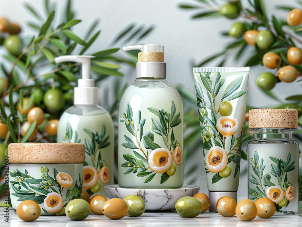 Olive oil based skin care set including lotion, cream, serum, bottles for cosmetics Olive oil based skin care set including lotion, cream, serum, bottles for cosmetics