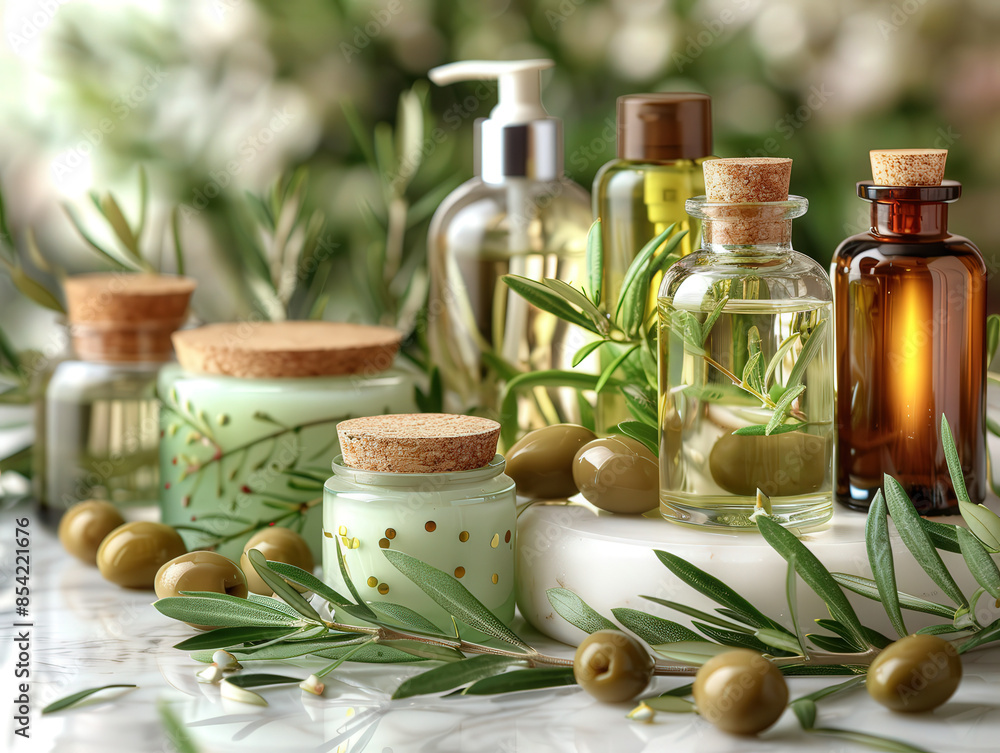 Olive oil based skin care set including lotion, cream, serum, bottles for cosmetics Olive oil based skin care set including lotion, cream, serum, bottles for cosmetics