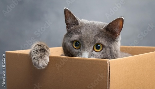 the gray cat crawled into the box with its front paws looking for goodies grey walls