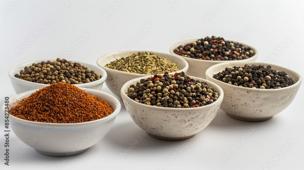 Aromatic Ground Spices in Ceramic Bowls on Neutral Background for Culinary Concept Stock Photo Aromatic Ground Spices in Ceramic Bowls on Neutral Background for Culinary Concept Stock Photo