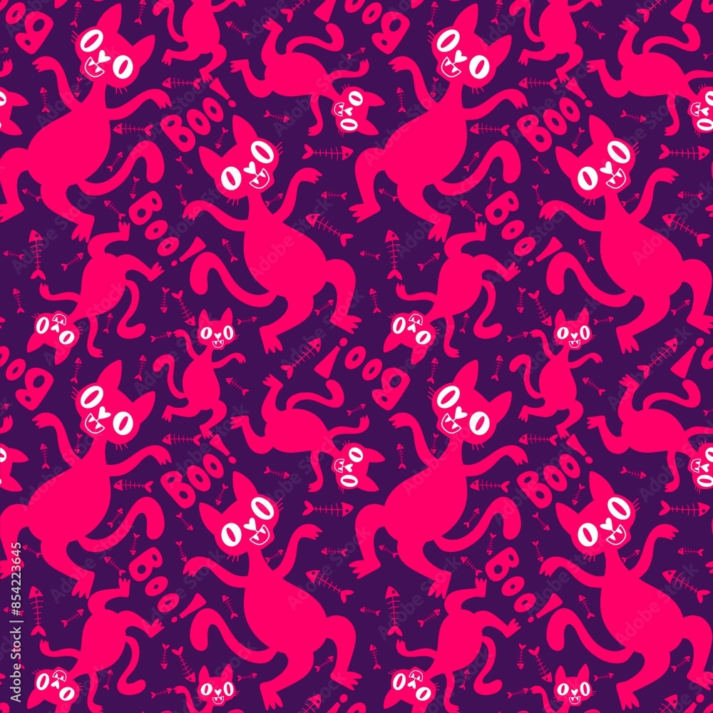 Obraz premium Halloween animals seamless cats and pumpkins pattern for wrapping paper