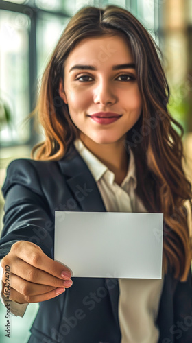 A beautiful woman wearing a business suit, in a office, holds a blank business card.