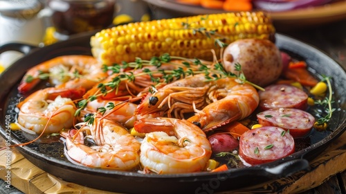 Delicious Cajun Seafood Boil Platter with Shrimp, Corn, Sausage, Potatoes, and Fresh Herbs on a Rustic Metal Skillet for a Flavorful Feast