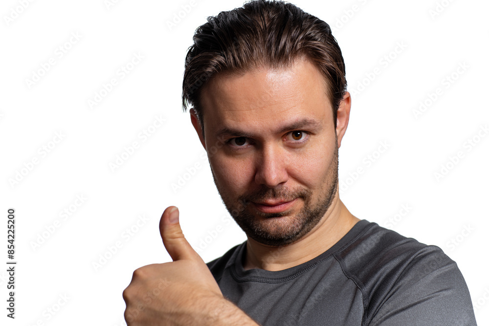 Young man portrait showing thumbs up, isolated on white Young man portrait showing thumbs up, isolated on white