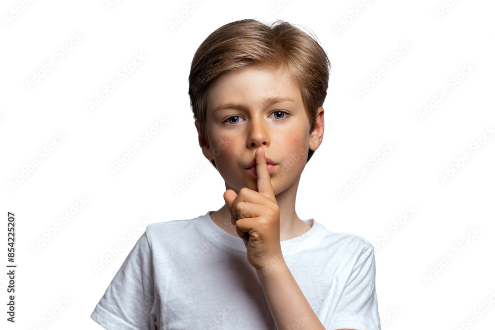 Portrait of handsome boy showing silence gesture, isolated on white background Portrait of handsome boy showing silence gesture, isolated on white background