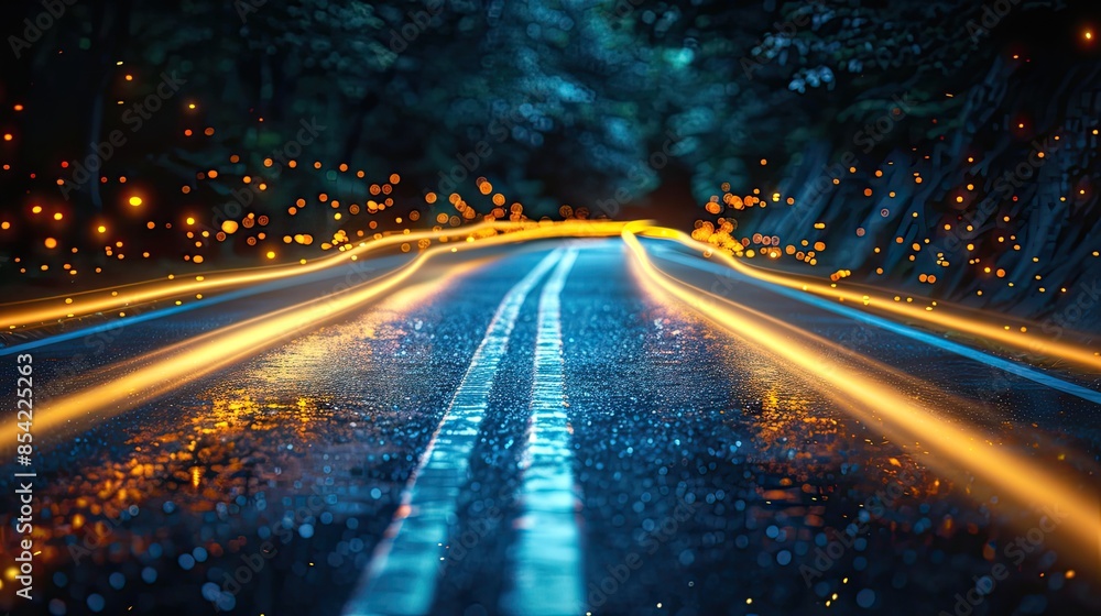 Wet road at night with light trails leading to a bright future Wet road at night with light trails leading to a bright future