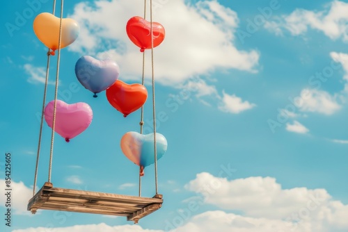 A heart-shaped life swing with rainbow balloons on blue sky background depicting a pride month and lesbian, gay, bisexual, transgender, and queer celebration photo