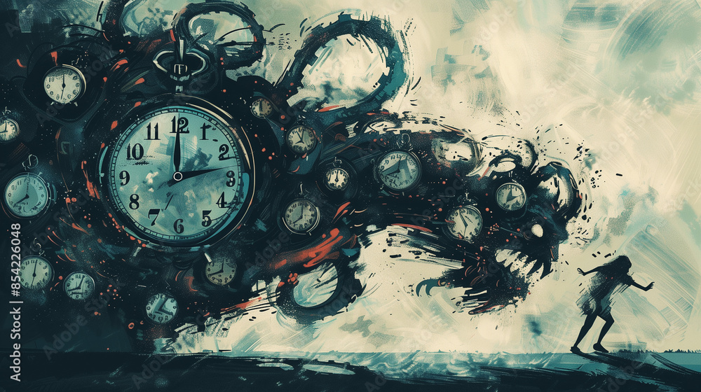 custom made wallpaper toronto digitalIllustration of a monster made of clocks and calendars chasing a person. Limited time, time running out, urgency, deadline concept