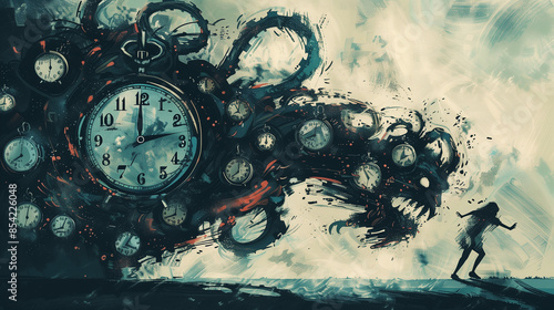 Wallpaper Mural Illustration of a monster made of clocks and calendars chasing a person. Limited time, time running out, urgency, deadline concept Torontodigital.ca