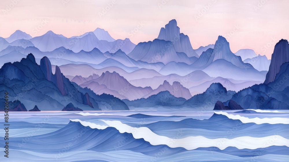 Serene Abstract Landscape of Blue and Purple Mountains and Waters at Dawn with Layers of Mist and Atmospheric Depth Serene Abstract Landscape of Blue and Purple Mountains and Waters at Dawn with Layers of Mist and Atmospheric Depth