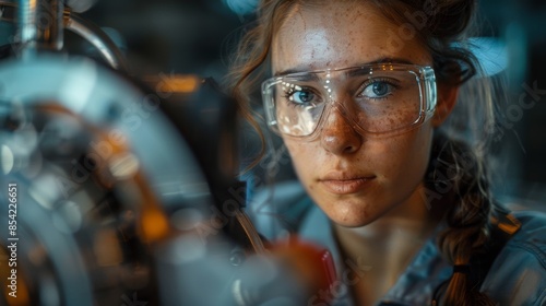 A woman with braided hair wearing safety glasses focuses on her work