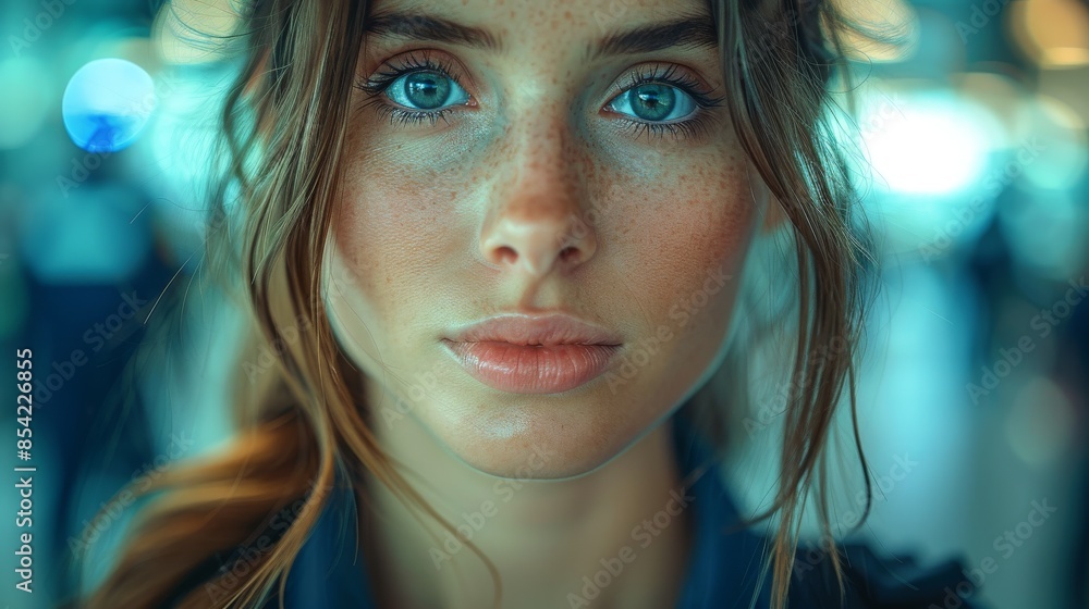 An up-close portrait of a contemplative woman in a busy airport setting An up-close portrait of a contemplative woman in a busy airport setting