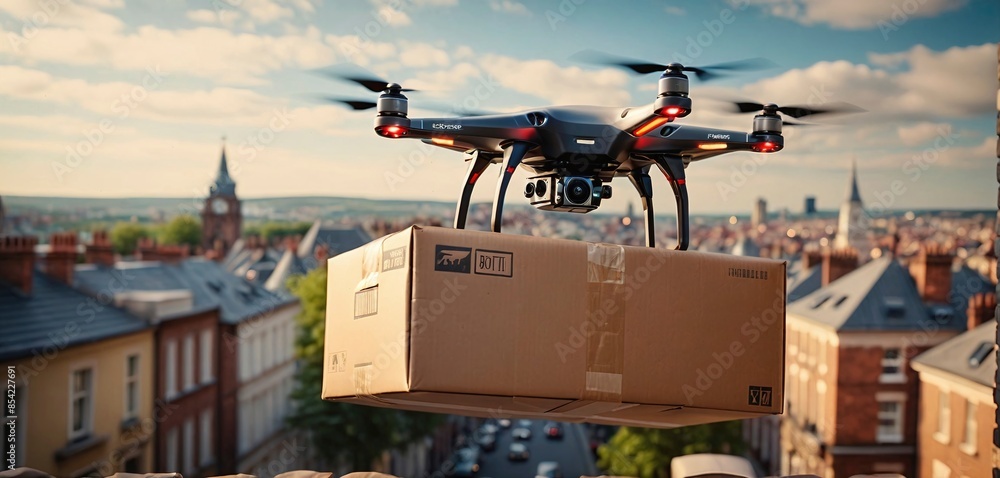 Conceptual presentation of an intelligent parcel drone that will deliver shipments by air in the future and speed up the logistics and transportation of mail items Conceptual presentation of an intelligent parcel drone that will deliver shipments by air in the future and speed up the logistics and transportation of mail items