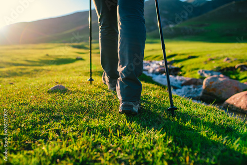 Woman hiker with trekking poles walks through green meadow in sunset light