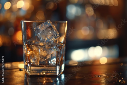 Sconed background of a scotch whiskey glass on ice, on a rustic wooden table, with a copy space in the foreground