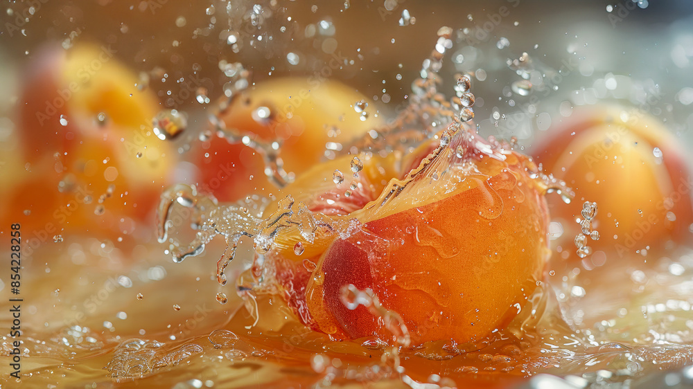 Peach Food shot of sweet peach, waterfall splash, liquid explosion, delicate peach, Bright color background. Peach Food shot of sweet peach, waterfall splash, liquid explosion, delicate peach, Bright color background.