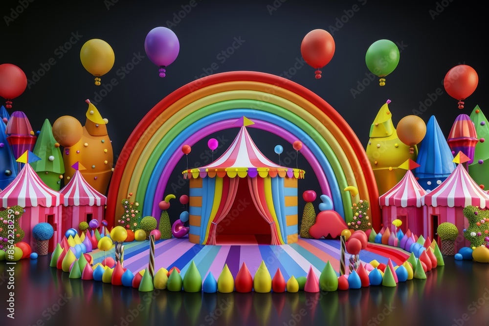 Obraz premium The design of this 3D abstract fantasy rainbow carnival simulates generative AI on a dark background.
