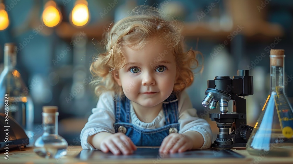 Cute curly-haired toddler engaging with a microscope and science equipment on a table Cute curly-haired toddler engaging with a microscope and science equipment on a table