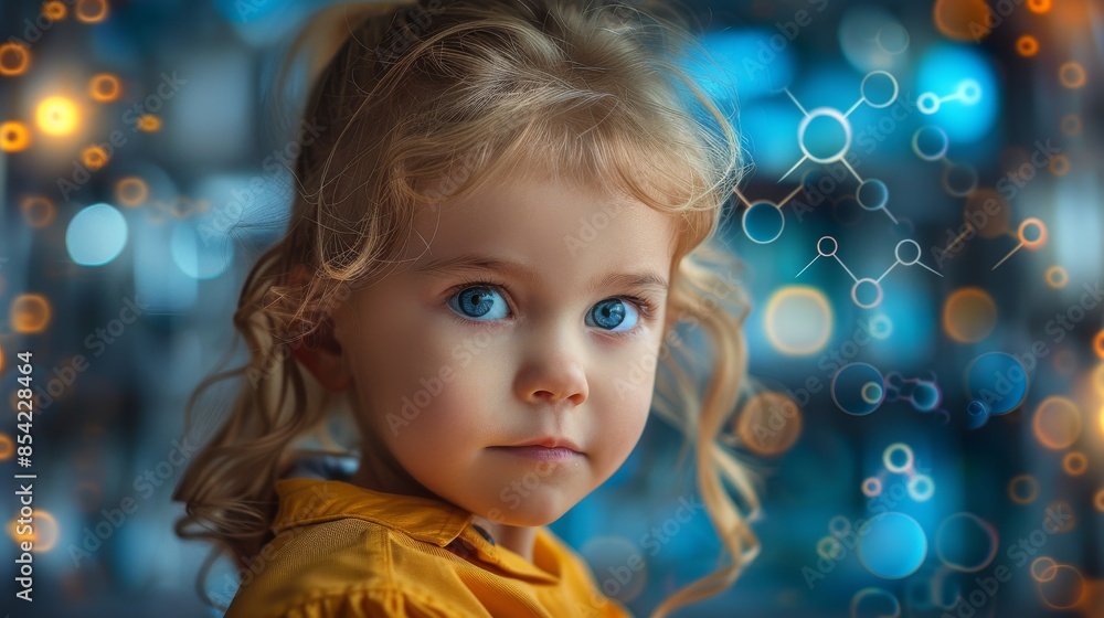 Portrait of a blond child with striking blue eyes and a serious facial expression against a digital backdrop Portrait of a blond child with striking blue eyes and a serious facial expression against a digital backdrop