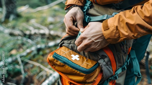 High-quality photo of a male hand taking a first aid kit out of a backpack pocket, featuring camping equipment and a compact mini first aid kit © Love Mohammad