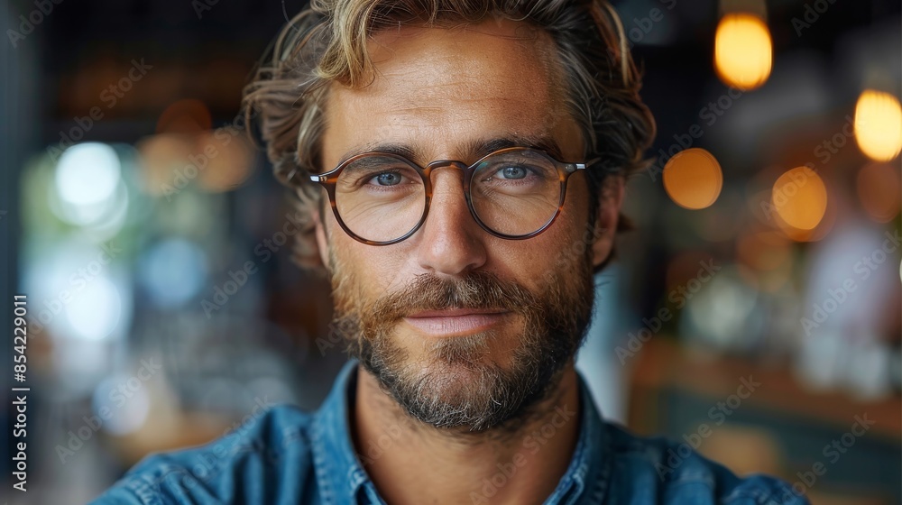 A confident, bearded man with striking blue eyes and glasses in a close-up portrait A confident, bearded man with striking blue eyes and glasses in a close-up portrait