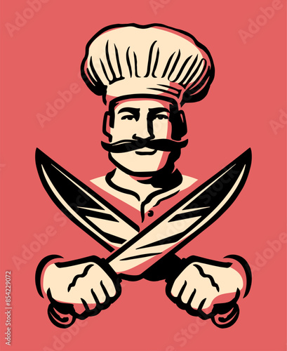 Chef with crossed knives preparing meat for doner kebab. Eastern fast food emblem, label or logo