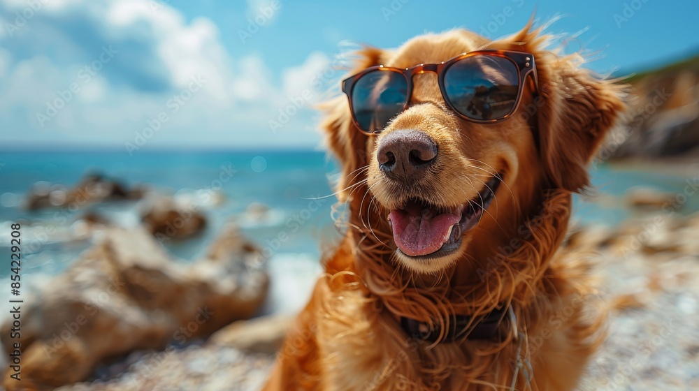 A joyful golden retriever smiles wearing sunglasses, against a vibrant beach backdrop with blue sky and sea A joyful golden retriever smiles wearing sunglasses, against a vibrant beach backdrop with blue sky and sea