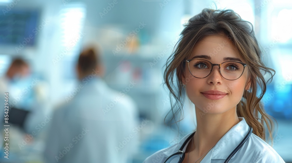 A professional woman with glasses in a white coat standing confidently in a hospital environment A professional woman with glasses in a white coat standing confidently in a hospital environment
