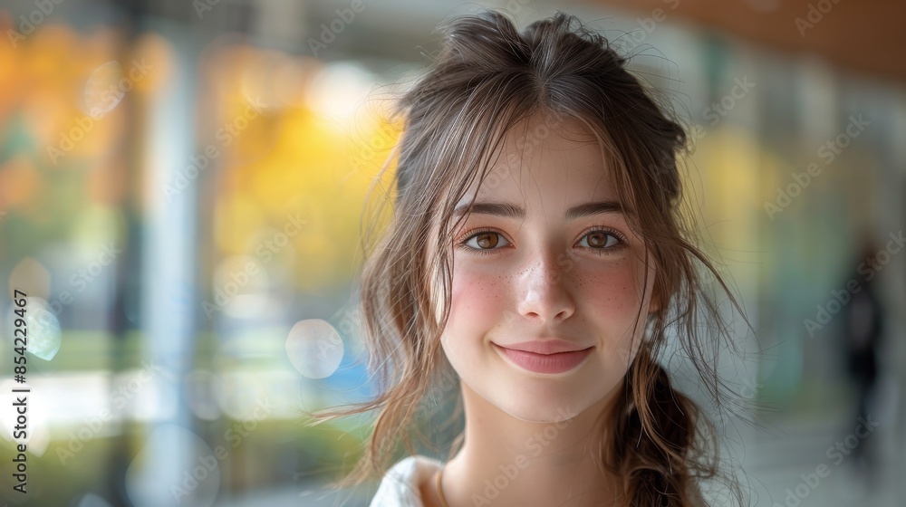 A cheerful young girl with a casual hairdo and a faint smile in a city-like backdrop with bokeh A cheerful young girl with a casual hairdo and a faint smile in a city-like backdrop with bokeh