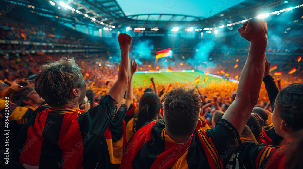 Rear view of fans cheering for national german soccer team on stadium at European football championship 2024. Generative AI Rear view of fans cheering for national german soccer team on stadium at European football championship 2024. Generative AI