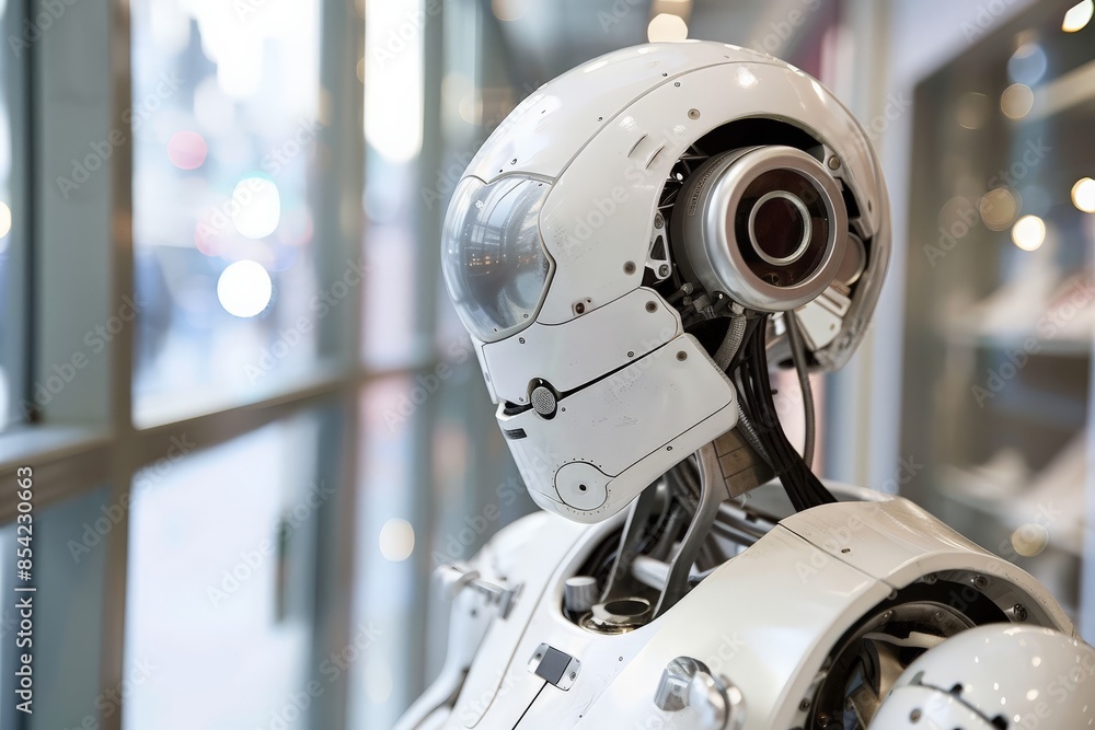 Fototapeta premium This modern and sleek white robot design features a glass dome head with intricate mechanical details visible