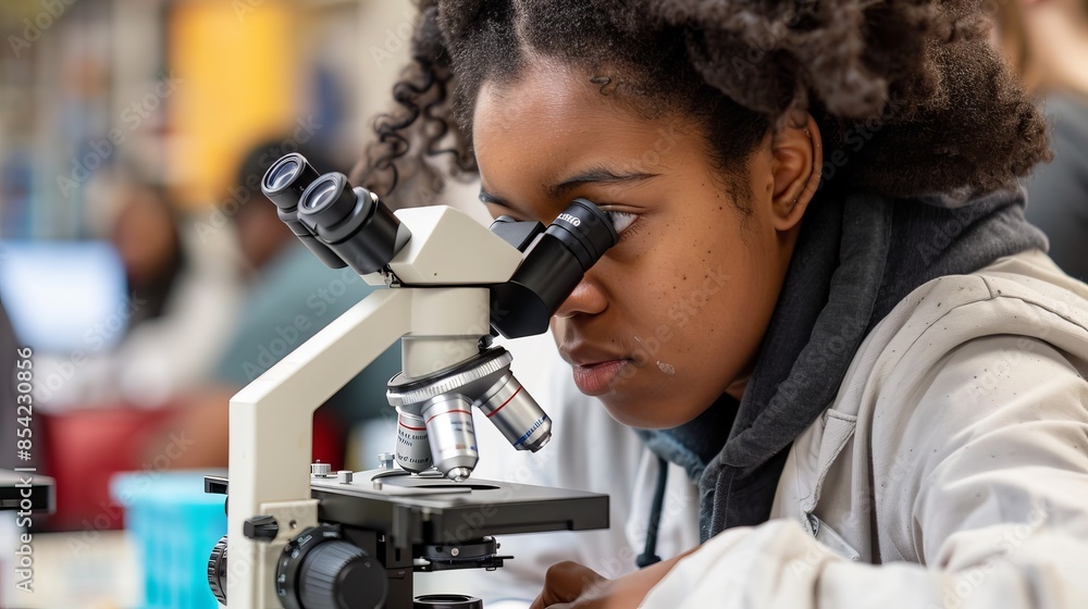 College students use a microscope in a science lab. A focused student looks through a microscope in biology class. A high school girl examines samples during a lecture College students use a microscope in a science lab. A focused student looks through a microscope in biology class. A high school girl examines samples during a lecture