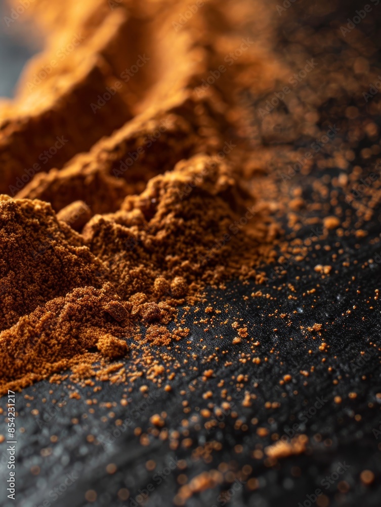 Ground cinnamon spread on dark surface. Close-up of ground cinnamon spread on a dark surface, highlighting its fine texture and rich brown color. Ground cinnamon spread on dark surface. Close-up of ground cinnamon spread on a dark surface, highlighting its fine texture and rich brown color.
