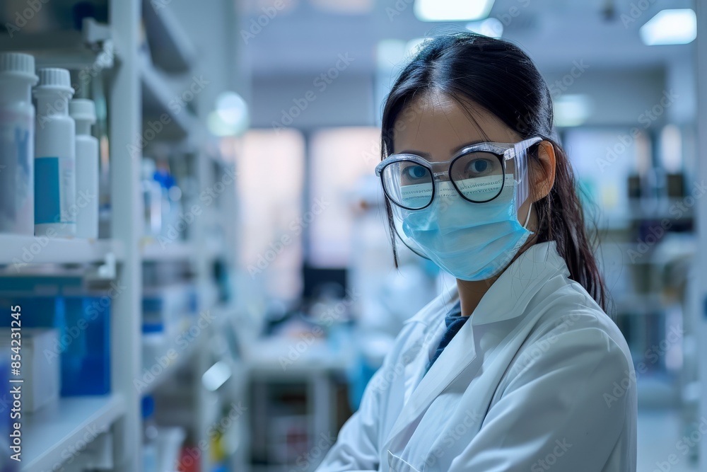 A female scientist in a white lab coat, blurred face, stands amidst laboratory equipment in a professional research environment A female scientist in a white lab coat, blurred face, stands amidst laboratory equipment in a professional research environment