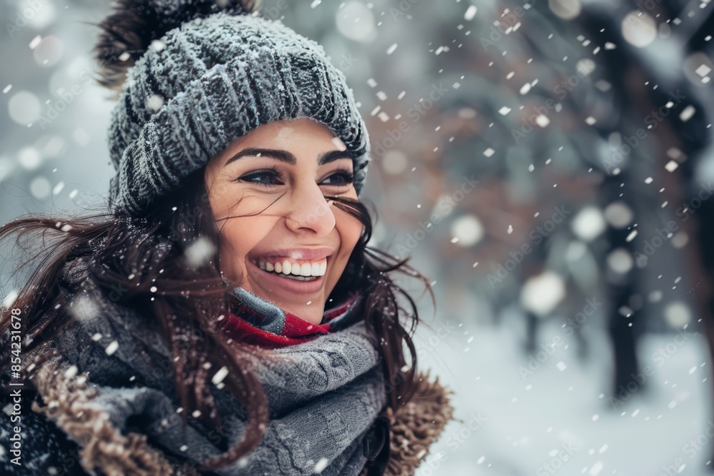 A big, open smile from a woman enjoying a lively snowfall, highlighting her joy and vibrant personality A big, open smile from a woman enjoying a lively snowfall, highlighting her joy and vibrant personality
