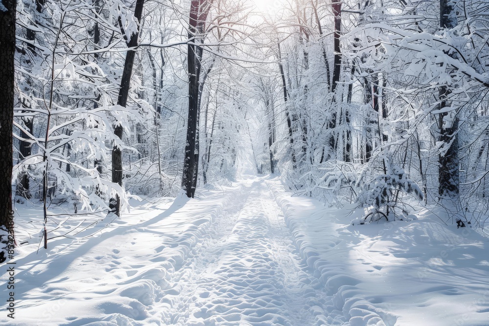 Obraz premium A serene snowy path flanked by snow-laden trees, with sunlight piercing through the forest