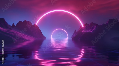 3d render of abstract background with illuminated archway gate portal in night sky