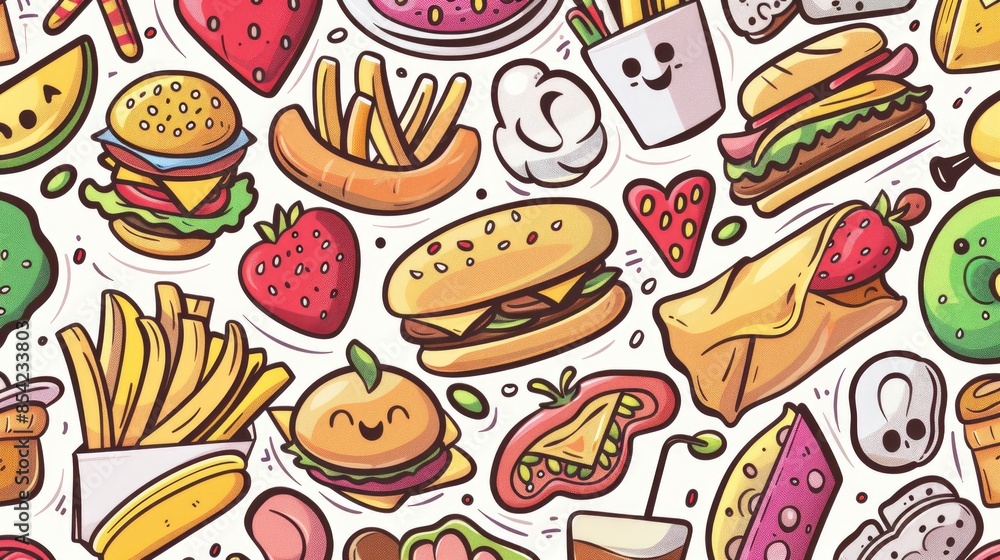 2d illustration featuring a playful and whimsical seamless pattern of cartoon food 2d illustration featuring a playful and whimsical seamless pattern of cartoon food
