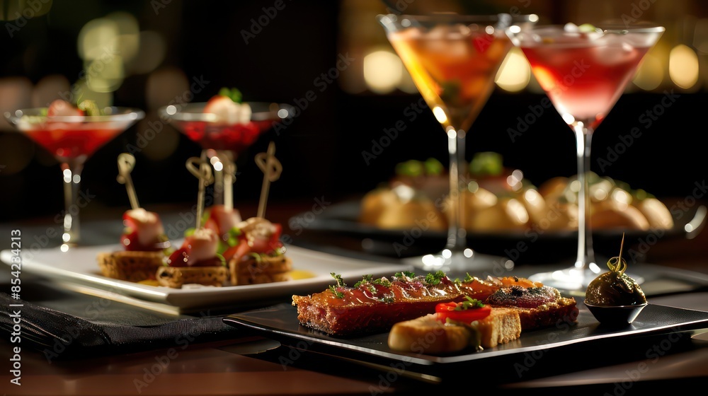 Tray with cocktails and appetizers Tray with cocktails and appetizers