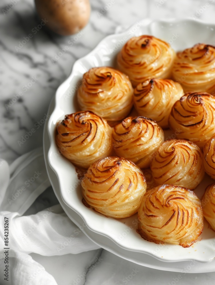 Duchess potatoes in a white dish on a marble surface. Elegant appetizer and side dish concept. Duchess potatoes in a white dish on a marble surface. Elegant appetizer and side dish concept.