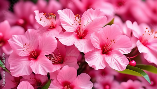 Obraz przedstawia bukiet azalii w różnych odcieniach różu. Kwiaty są w pełnym rozkwicie, a ich delikatne płatki tworzą bogatą kompozycję. Zielone liście stanowią subtelne tło dla kwiatów  photo