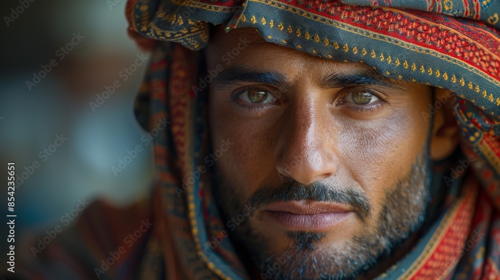 Portrait of a man with captivating eyes wearing a colorful traditional headscarf Portrait of a man with captivating eyes wearing a colorful traditional headscarf