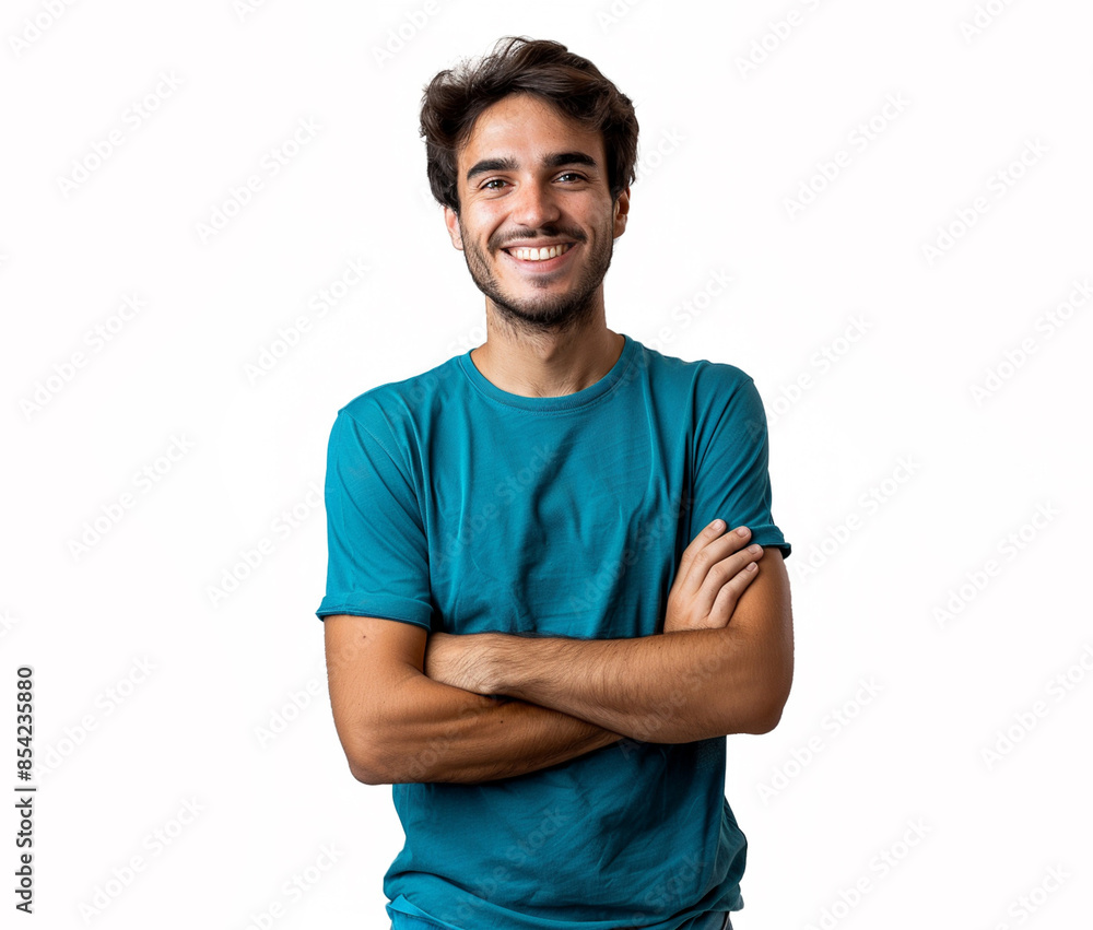 Fototapeta premium Portrait of a young hispanic man keeping arms crossed, wearing a blue t-shirt, isolated on white, he is smiling. 
