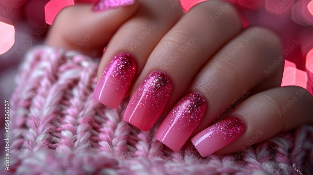 Macro image of hand with pink ombre manicure with one glittery nail, contrasting textures emphasized Macro image of hand with pink ombre manicure with one glittery nail, contrasting textures emphasized